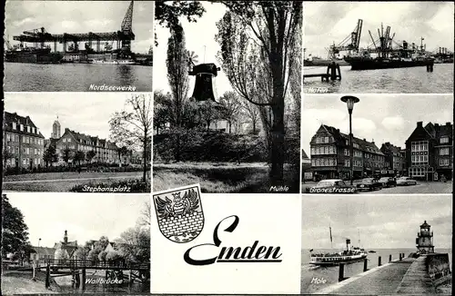 Ak Emden in Ostfriesland, Hafen, Mole, Wallbrücke, Nordseewerke, Mühle