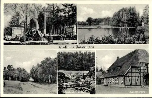 Ak Hösseringen Suderburg Niedersachsen, Ehrenmal, Dorfteich, Quelle, Jugendherberge