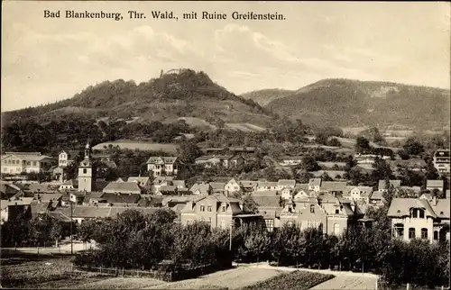 Ak Bad Blankenburg im Kreis Saalfeld Rudolstadt, Panorama mit Ruine Greifenstein