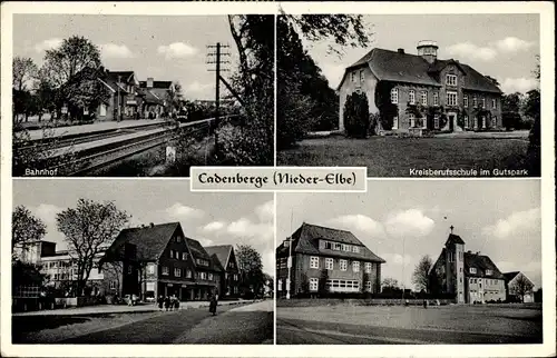 Ak Cadenberge Niedersachsen, Kreisberufsschule, Bahnhof Gleisseite, Straßenpartie, Kirche