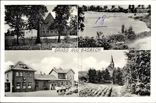 Ak Basbeck an der Niederelbe Hemmoor, Kirche, Straßenpartie, See, Bahnhof Front