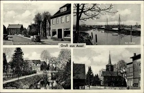 Ak Assel Drochtersen Niedersachsen, Hafen, Kirche, Fleetpartie, Gemischtwaren Gustav Vöge