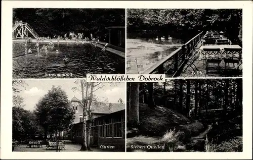 Ak Dobrock Wingst in Niedersachsen, Waldschlösschen, Schwimmbad, Sieben Quellen, Garten, Teich