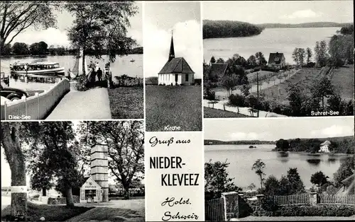 Ak Niederkleveez Bösdorf in Holstein, Kirche, Suhrer See, Diek See