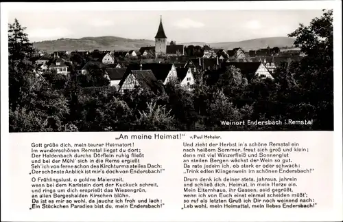 Gedicht Ak Endersbach Weinstadt im Remstal, Totalansicht, An meine Heimat, Paul Hekeler