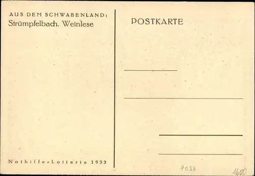 Ak Strümpfelbach Weinstadt in Baden Württemberg, Weinlese, Nothilfe Lotterie 1933