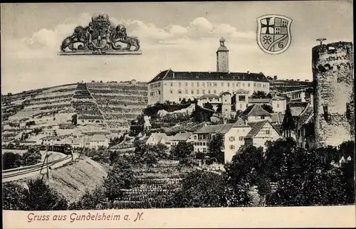 Ak Gundelsheim am Neckar Württemberg, Blick auf den Ort mit Schloss, Eisenbahn, Wappen