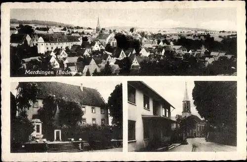 Ak Merchingen im Neckar Odenwald Kreis, Blick auf Stadt und Kirche, Straßenpartie