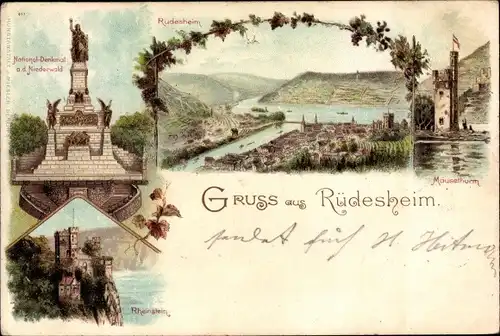 Litho Rüdesheim am Rhein, Mauseturm, National Denkmal, Rheinstein,