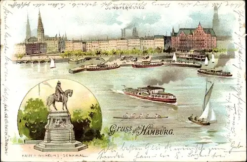 Litho Hamburg Mitte Altstadt, Kaiser Wilhelm Denkmal, Hafen, Gesamtansicht