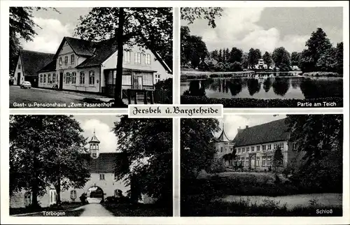 Ak Jersbek in Schleswig Holstein, Teichpartie, Schloss, Torbogen, Gasthaus Zum Fasanenhof