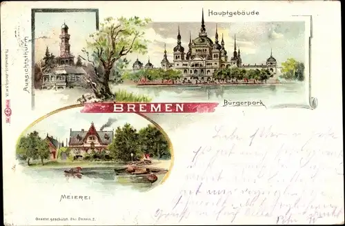 Litho Hansestadt Bremen, Meierei, Hauptgebäude, Bürgerpark, Aussichtsturm