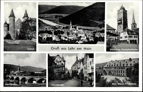 Ak Lohr am Main, Stadtturm, Pfarrkirche, Hauptstraße, Schloss, Mainbrücke