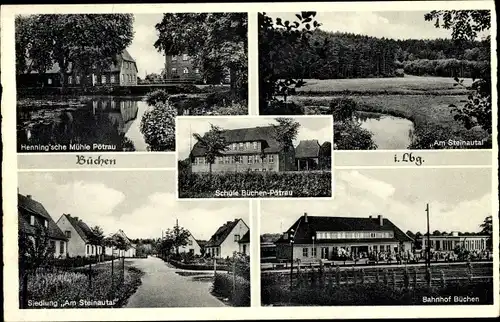 Ak Büchen im Herzogtum Lauenburg, Schule Pötrau, Bahnhof, Gleisseite, Henning'sche Mühle