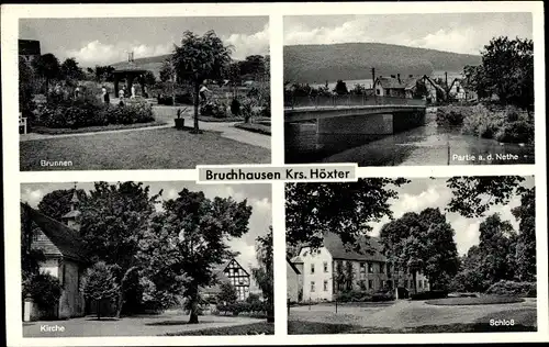 Ak Bruchhausen Höxter Nordrhein Westfalen, Brunnen, Nethepartie, Kirche, Schloss