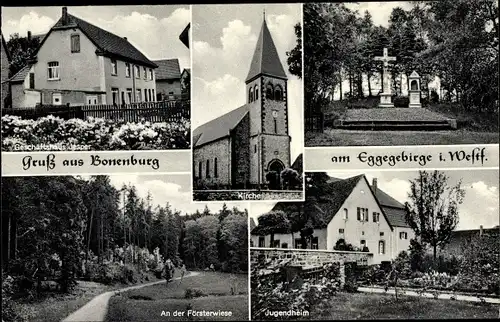 Ak Bonenburg am Eggegebirge Warburg in Westfalen, Jugendheim, Kirche, Försterwiese