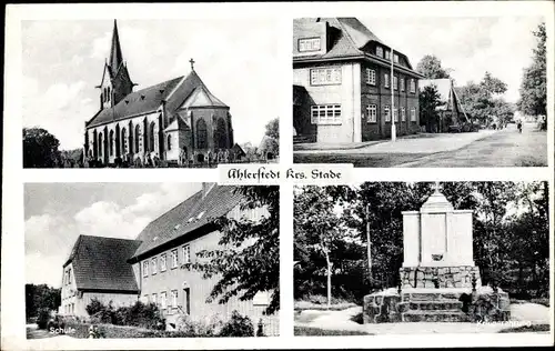 Ak Ahlerstedt Kreis Stade in Niedersachsen, Kirche, Kriegerehrung, Schule, Straßenpartie