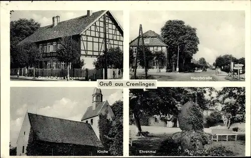 Ak Cremlingen in Niedersachsen, Ehrenmal, Kirche, Geschäftshaus, Hauptstraße