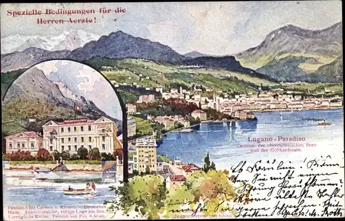 Künstler Ak Schlemo, E., Paradiso Lugano Kanton Tessin Schweiz, Pension Villa Carmen und Riviera