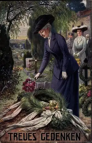 Künstler Ak Treues Gedenken, Kaiserin Auguste Viktoria an einem Grab in Ostpreußen