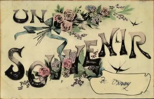 Ak Vassy Calvados, Un Souvenir, Blumenstrauß, Rosen