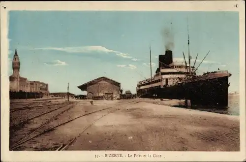 Ak Bizerte Tunesien, Le Port, La Gare, Passagierschiff