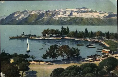 Ak Ouchy Lausanne Kanton Waadt, Le Debarcadere, Les Alpes de Savoie