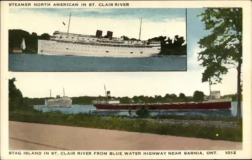 Ak Sarnia Ontario Kanada, Stag Island in St. Clair River from Blue Water Highway, Steamer