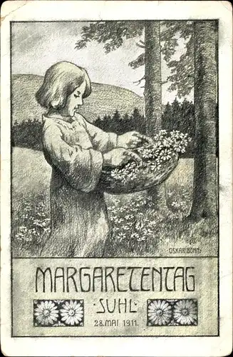 Künstler Ak Bohn, Oskar, Suhl in Thüringen, Margaretentag 1911, Mädchen mit Blumenkorb