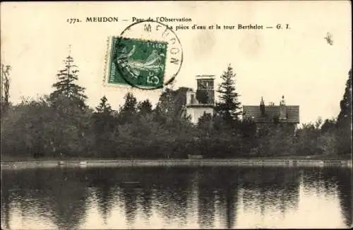 Ak Meudon Hauts de Seine, Parc de l'Observation, La piece d'eau, La tour Berthelot