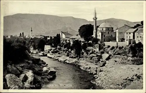 Ak Mostar Bosnien Herzegowina, Stadtpartie, Fluss, Turm, Wohnhäuser