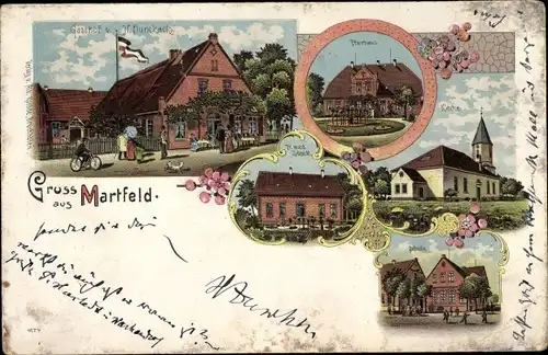Litho Martfeld Niedersachsen, Kirche, Pfarrhaus, Gasthaus