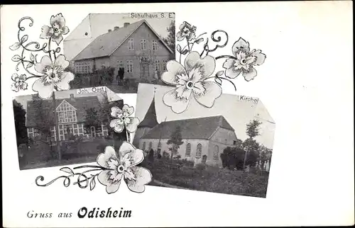 Ak Odisheim in Niedersachsen, Schulhaus, Gutshaus Joh. Oest, Kirche