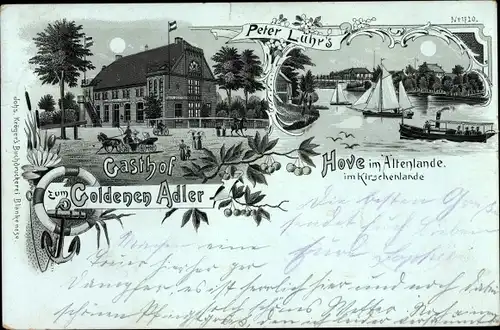 Mondschein Litho Hove Jork im Alten Land, Peter Lühr's Gasthof zum Goldenen Adler, Segelboot