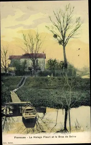 Ak Freneuse Yvelines, Le Halage Fleuri et le Bras de Seine, Ruderboot