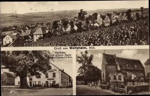 Ak Wolfsheim Rheinland Pfalz, Gasthaus zum grünen Baum, Kirche, Totalansicht