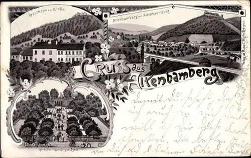 Litho Altenbamberg in Rheinland Pfalz, Gasthaus zur Linde, Ruine Altenbaumburg