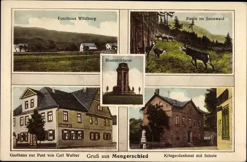 Ak Mengerschied im Hunsrück, Bismarckturm, Soonwald, Kriegerdenkmal, Schule, Gasthaus zur Post