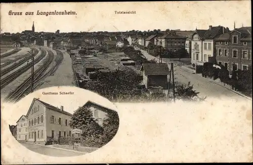 Ak Langenlonsheim an der Nahe Pfalz, Totalansicht der Ortschaft, Bahnhof, Gleisseite, Gasthaus