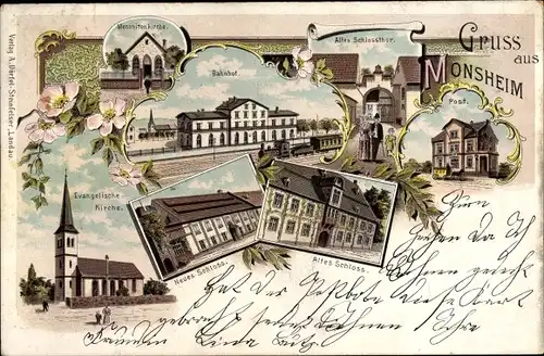 Litho Monsheim in Rheinhessen, Bahnhof, Gleisseite, Schlosstor, Post, Schloss, Mennonitenkirche