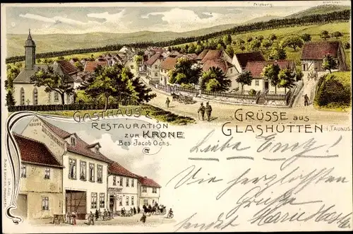 Litho Glashütten im Taunus Hessen, Gasthaus zur Krone, Totalansicht der Ortschaft