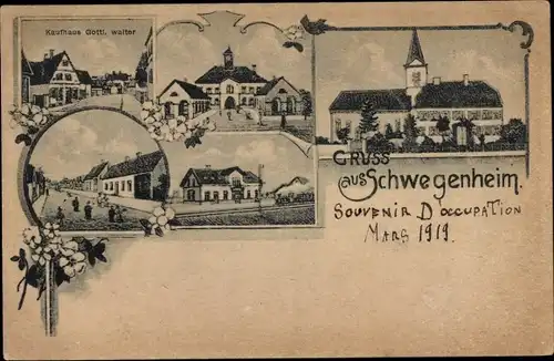 Ak Schwegenheim in Rheinland Pfalz, Kirche, Kaufhaus, Bahnhof, Gleisseite