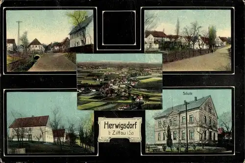 Ak Herwigsdorf Rosenbach in der Oberlausitz, Gesamtansicht, Straßenpartien, Schule