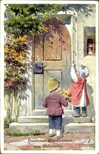 Künstler Ak Feiertag, Karl, Kinder läuten an der Haustür, Blumenstrauß
