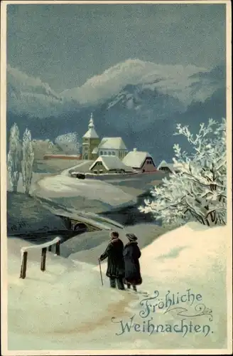 Ak Glückwunsch Weihnachten, Winterlandschaft mit Ortschaft, Gebirge