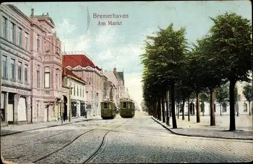 Ak Bremerhaven, Am Markt, Straßenbahnen