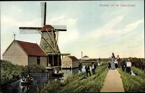 Ak Zaanstreek Nordholland, Windmühle, Fluss, Passanten