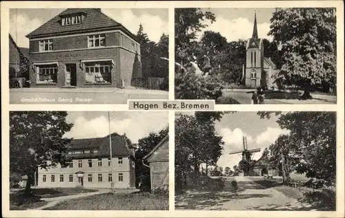 Ak Hagen im Bremischen, Kirche, Windmühle, Geschäftshaus