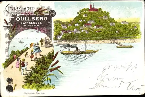 Litho Hamburg Altona Blankenese, Süllberg, Promenade, Dampfer