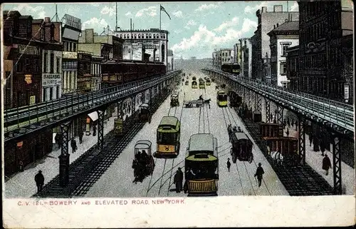 Ak New York City USA, Bowery and Elevated Road, Tramways
